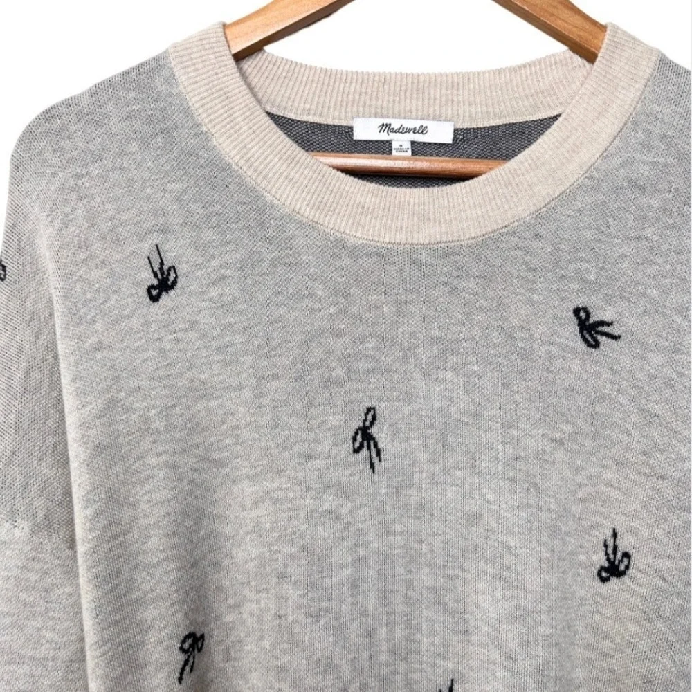 Madewell Bow‎ Jacquard Gray Knit Pullover Sweater Crewneck Long Sleeve Women's S